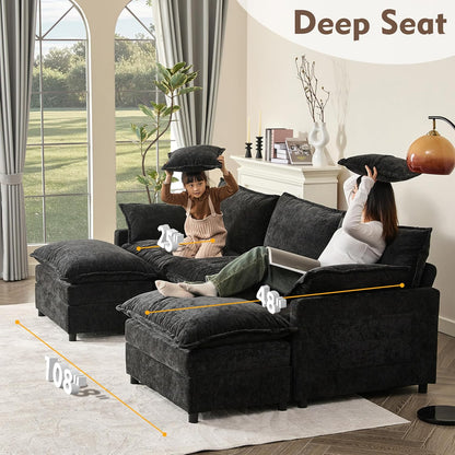 108" U Shaped Couch, Modular Sectional Sofa, 3-Seater Comfy Cloud Couch with Movable Ottoman, Deep