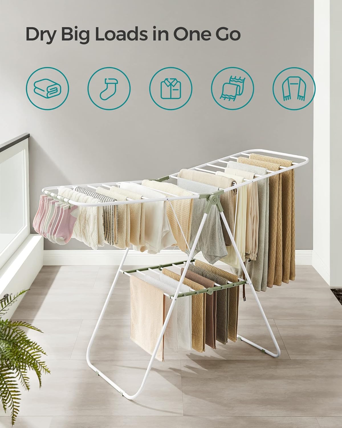 SONGMICS Clothes Drying Rack, with Sock Clips, Metal Laundry Rack, Foldable, Space-Saving