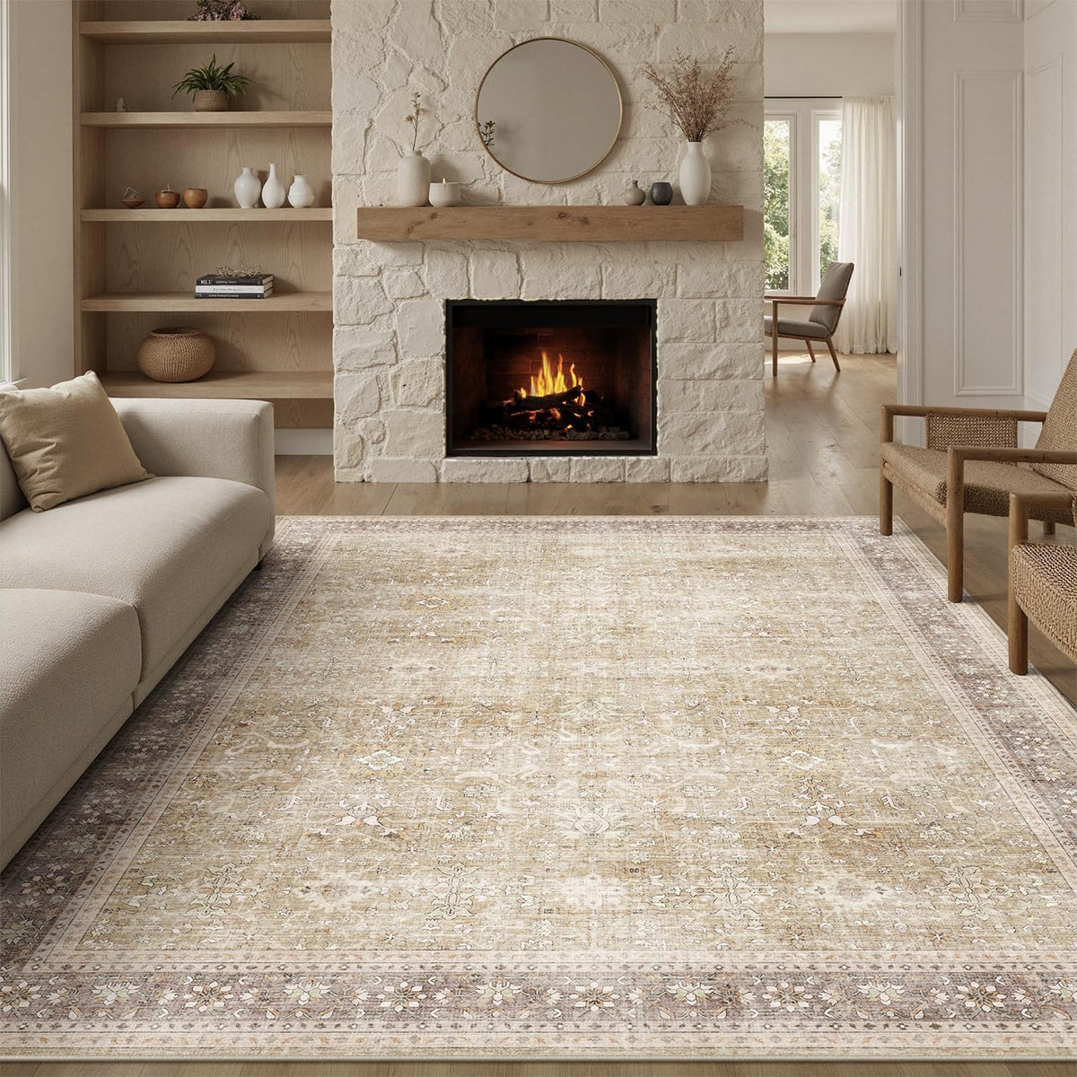 DCX Machine Washable Brown and Beige Area Rug 8x10, Non Slip Stain Resistant Vintage Rug for Living