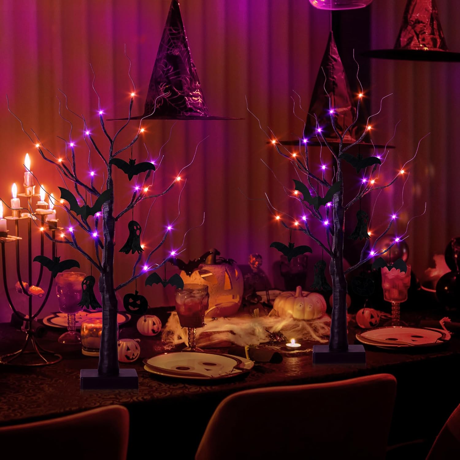 Halloween Decorations Indoor,2 Pack 2FT Birch Tree with 24 Orange and Purple LED Lights,Black