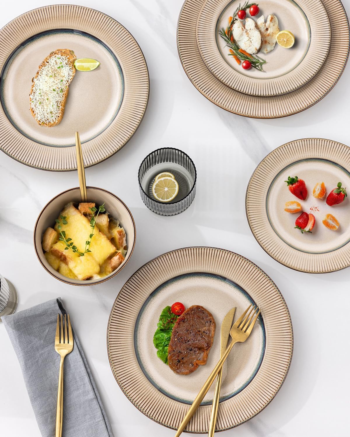 GBHOME Ceramic Dinnerware Sets,12 pcs Embossed Elegant Stoneware Plates and Bowls Sets