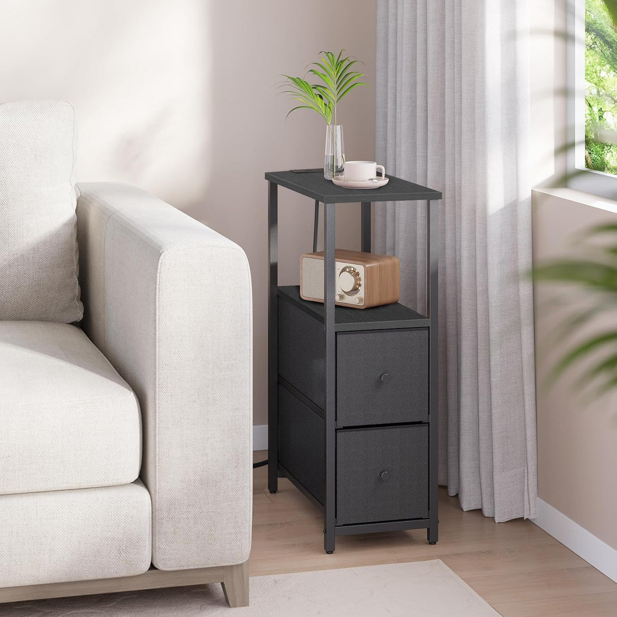 TUTOTAK Small Narrow End Table with Charging Station, Side Table with Outlets, Nightstand with 2