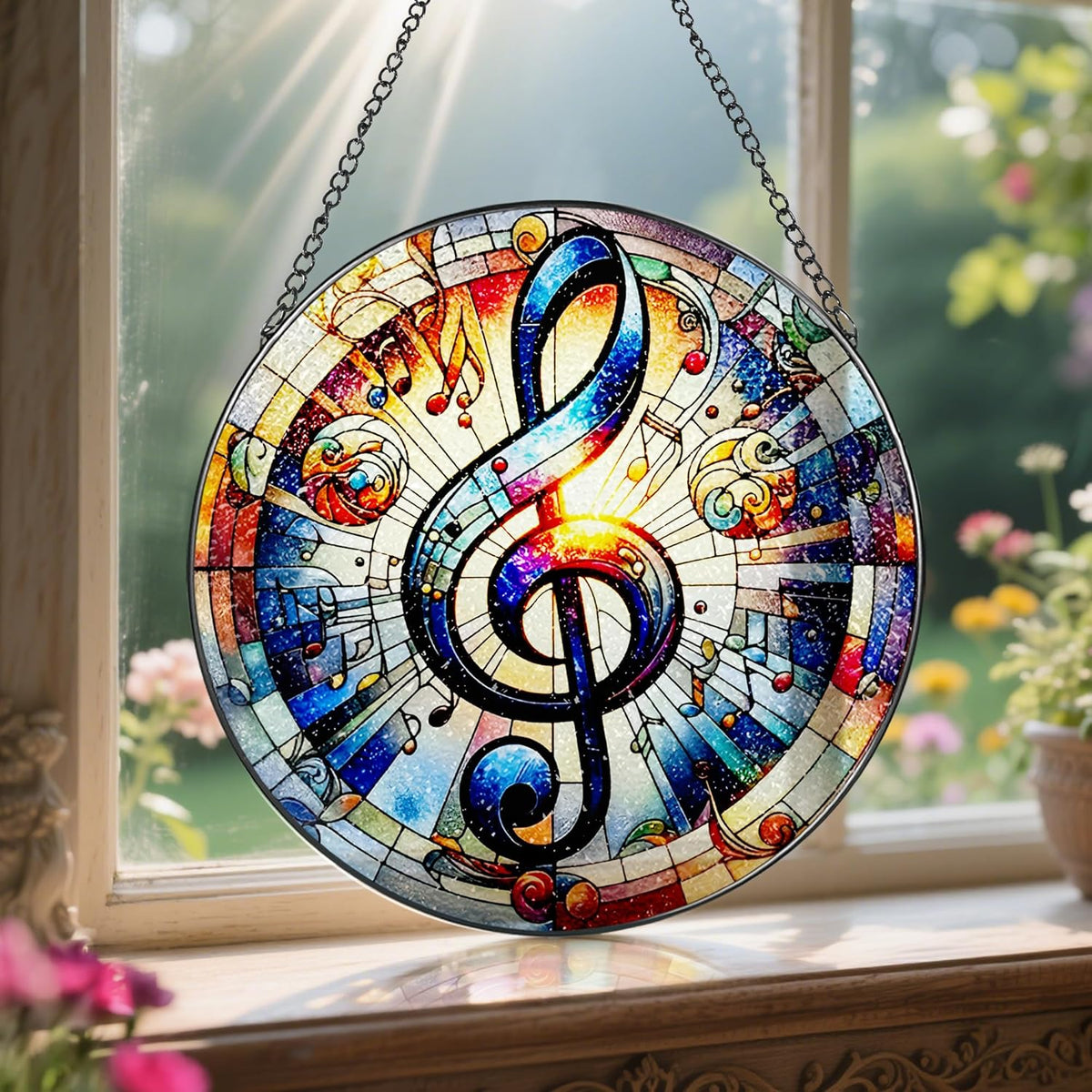 Stained Glass Window Hanging, LAOWEIKI 8'' Musical Note Suncatcher, Stained Glass Ornament
