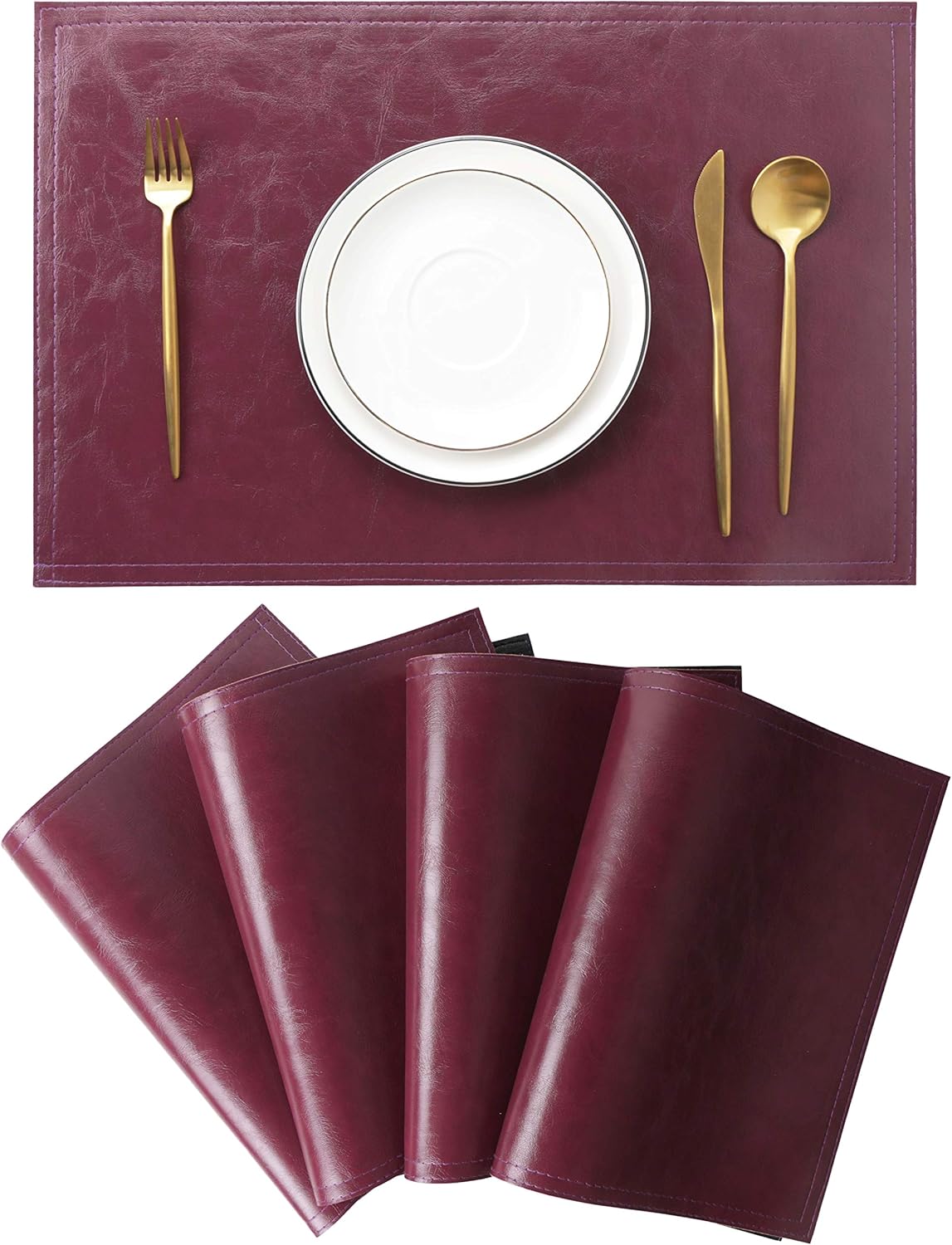 Waterproof PU Placemats, Faux Leather Dining Table Mat, Set of 4, Easy to Wipe Off Scrub Vinyl Mat