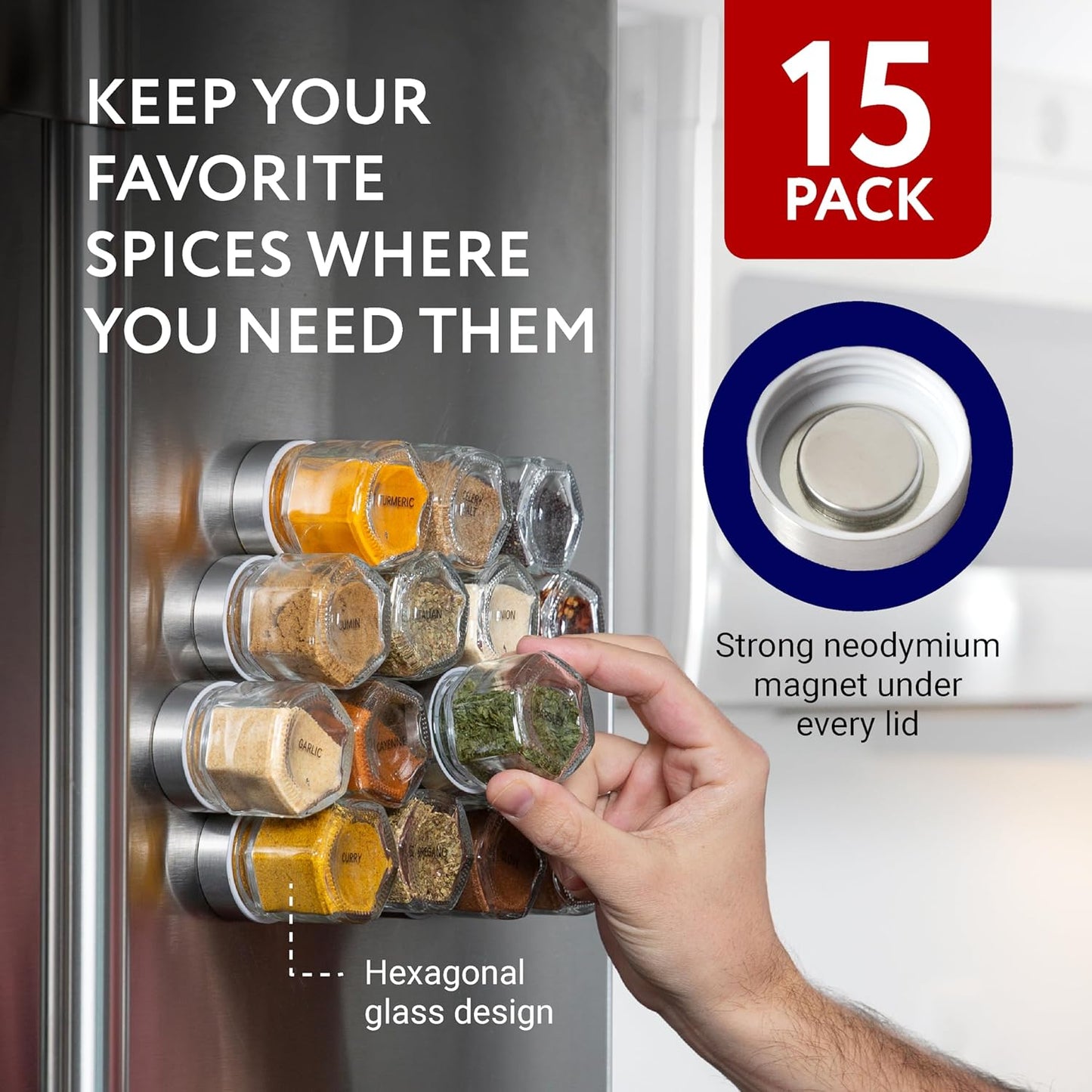IMPRESA Hexagon Magnetic Spice Jars - 15 Pack 1.74 oz Glass Jars With Stainless Steel Lids