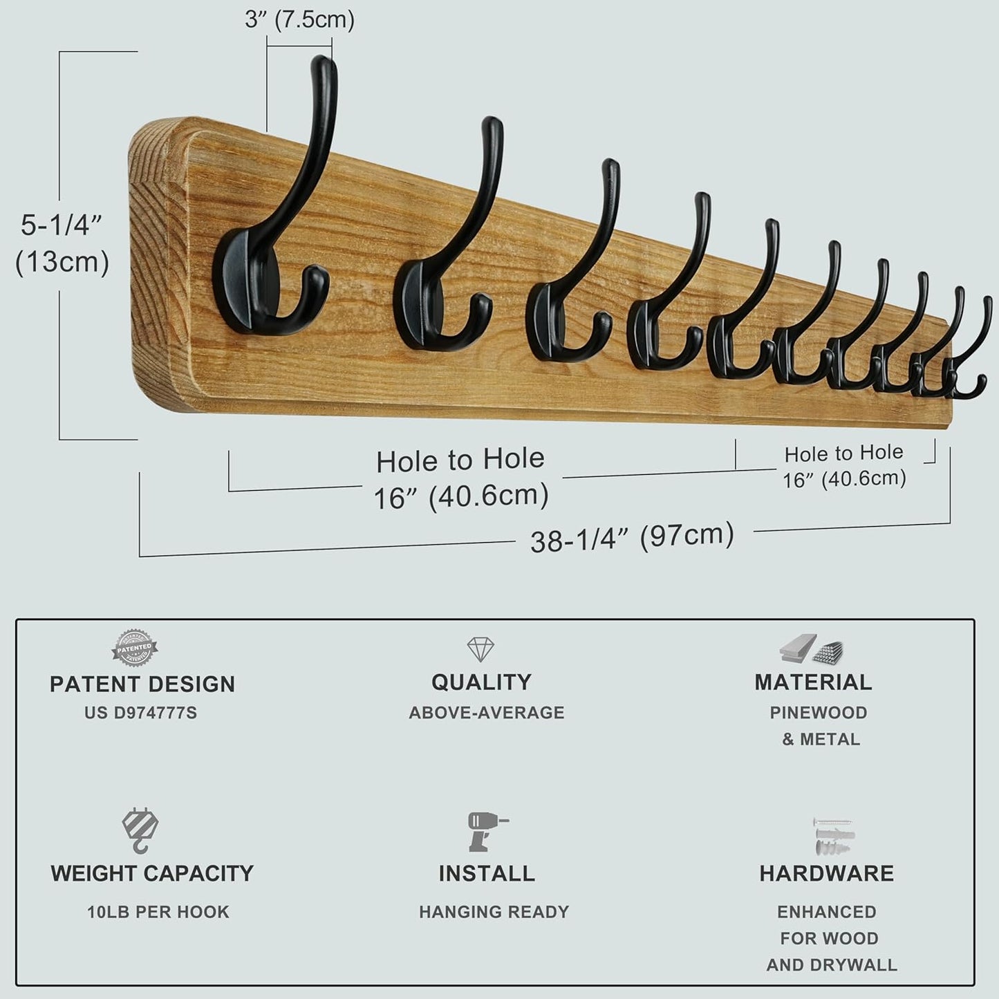 Dseap Coat Rack Wall: 38-1/4" Long, Patented, Heavy-Duty, 10-Double-Hooks Wooden Wall Mounted Coat