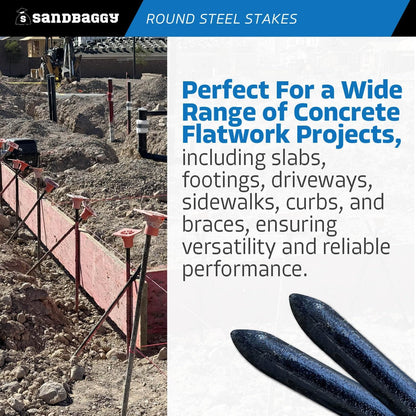 Sandbaggy Round Steel Concrete Form Stakes with Nail Holes - Rust Resistant Coating - Removable