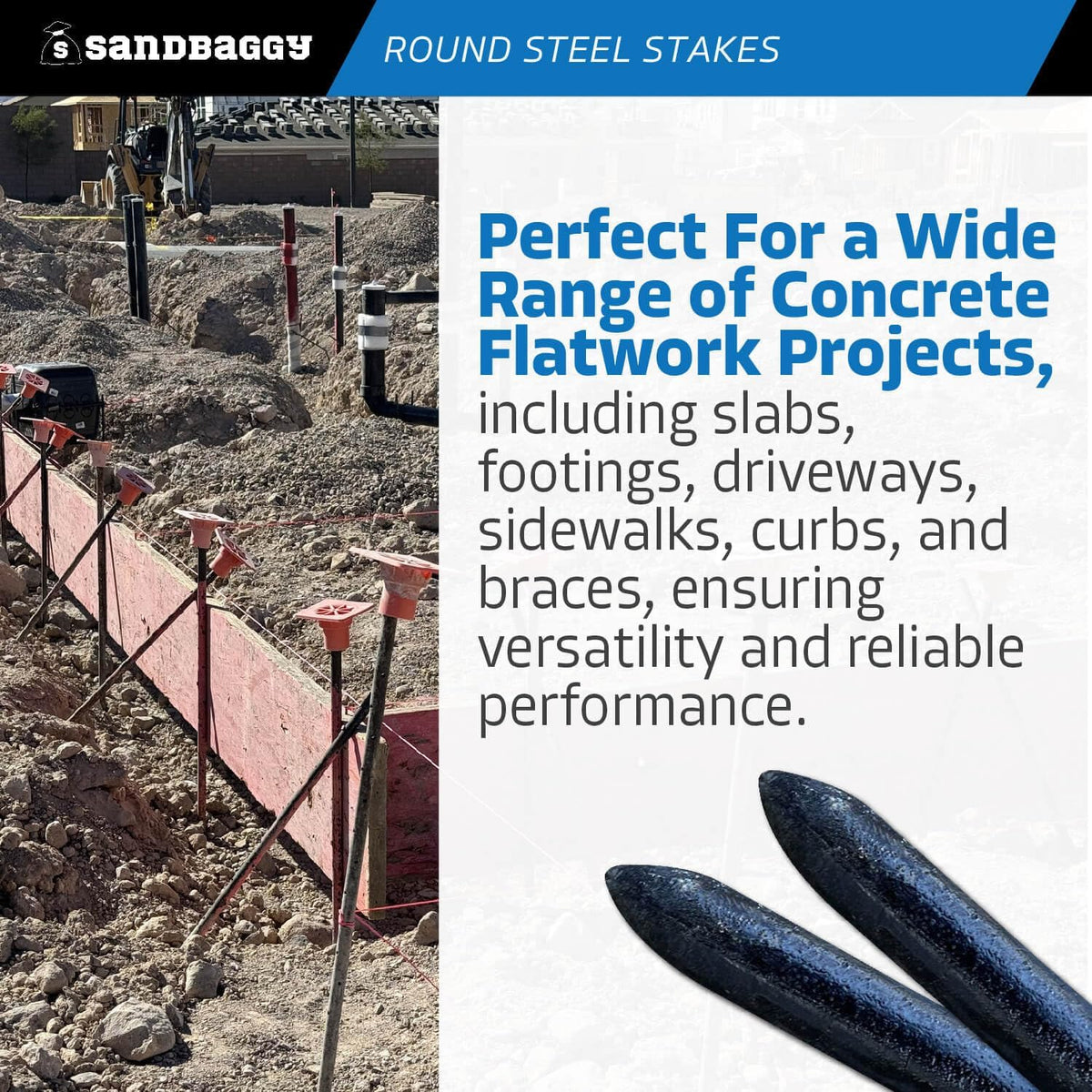 Sandbaggy Round Steel Concrete Form Stakes with Nail Holes - Rust Resistant Coating - Removable