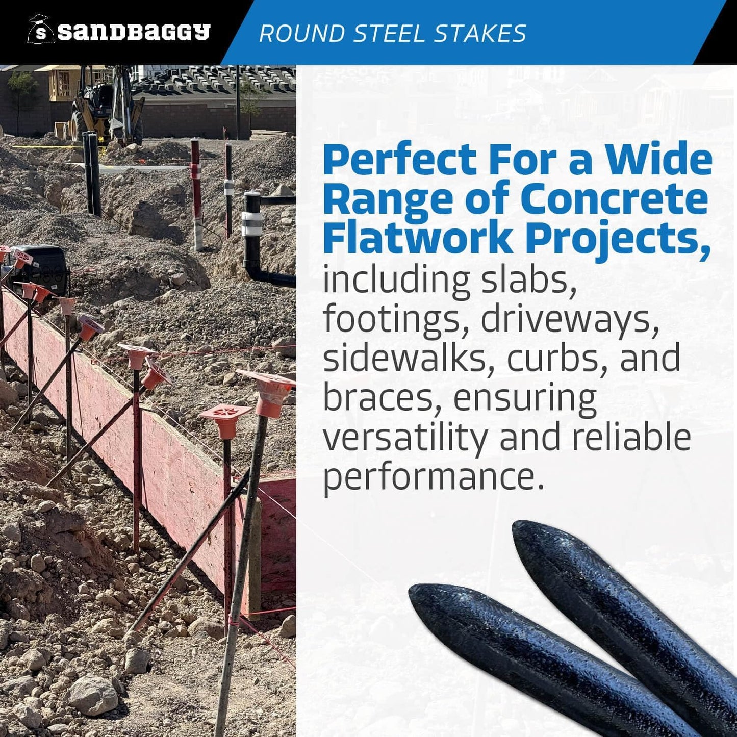 Sandbaggy Round Steel Concrete Form Stakes with Nail Holes - Rust Resistant Coating - Removable