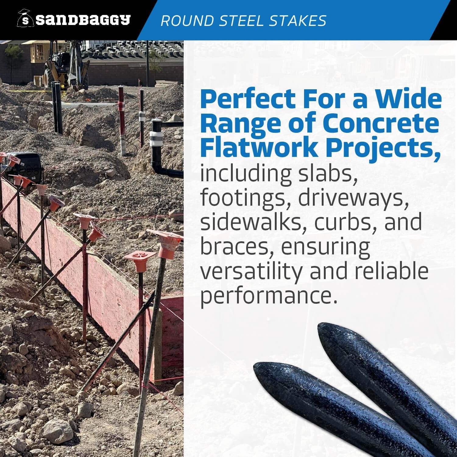 Sandbaggy Round Steel Concrete Form Stakes with Nail Holes - Rust Resistant Coating - Removable
