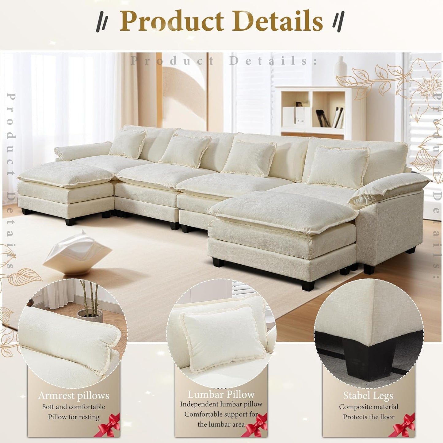 URRED Modular Sectional Sofa Comfy Cloud Couch, Modern Chenille Sofa Sleeper Deep Seat Couches with