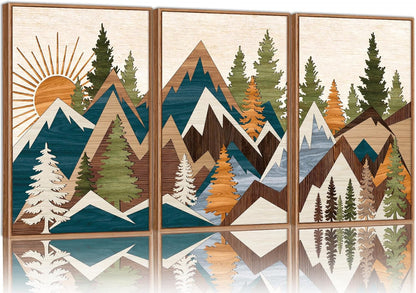 Tinonedraw Large Metal Mountain Framed Canvas Wall Art, Boho Rustic Sunrise Forest Wall Decor, 3