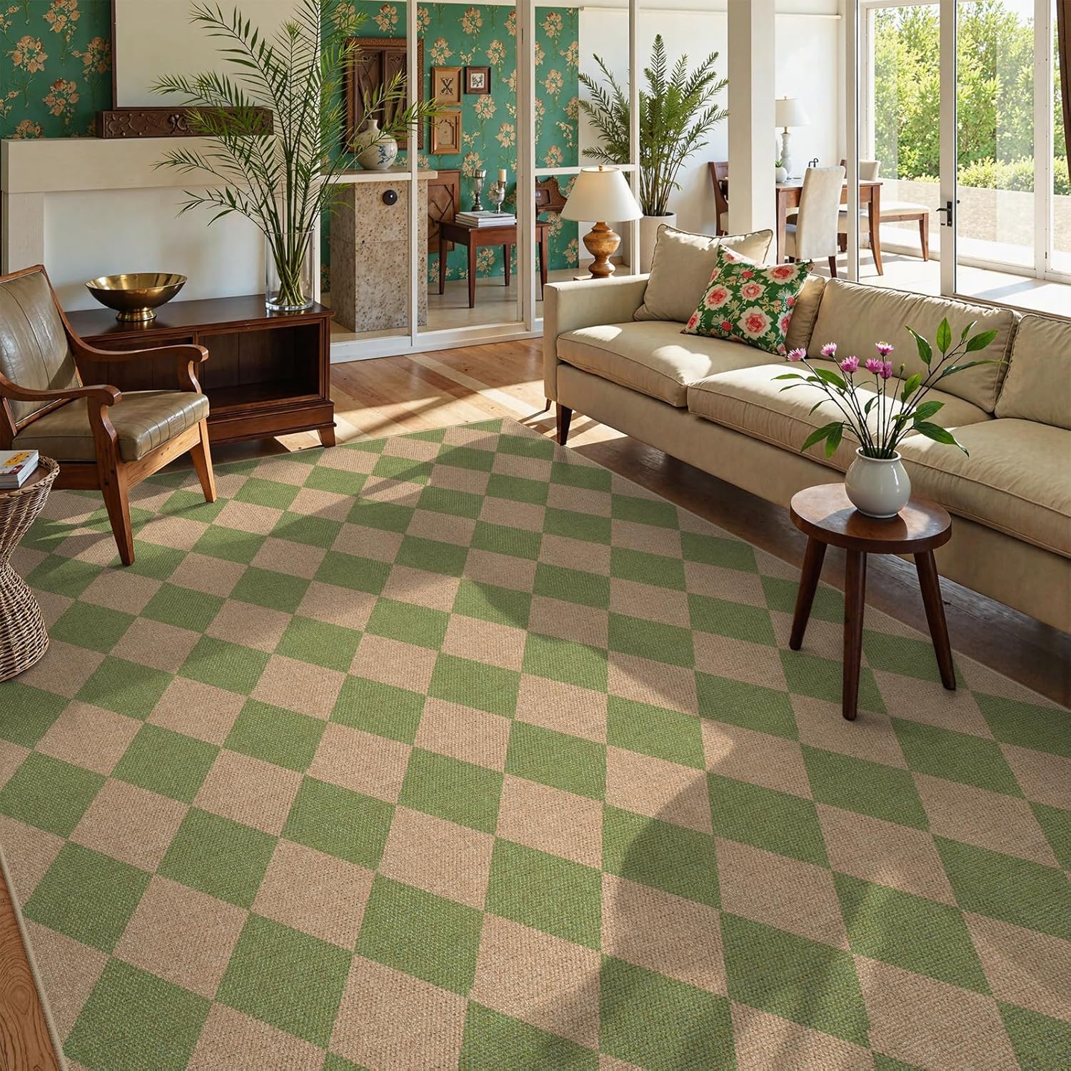 Lahome Checkered Dining Living Room Rug, 8x10 Washable Indoor Outdoor Easy Jute Rug, Farmhouse