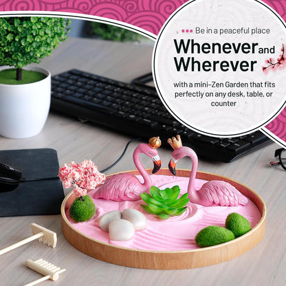 Flamingo Zen Garden Kit for Desk, Cute Japanese Flamingos Gifts for Women, Mini Zen Garden Sand