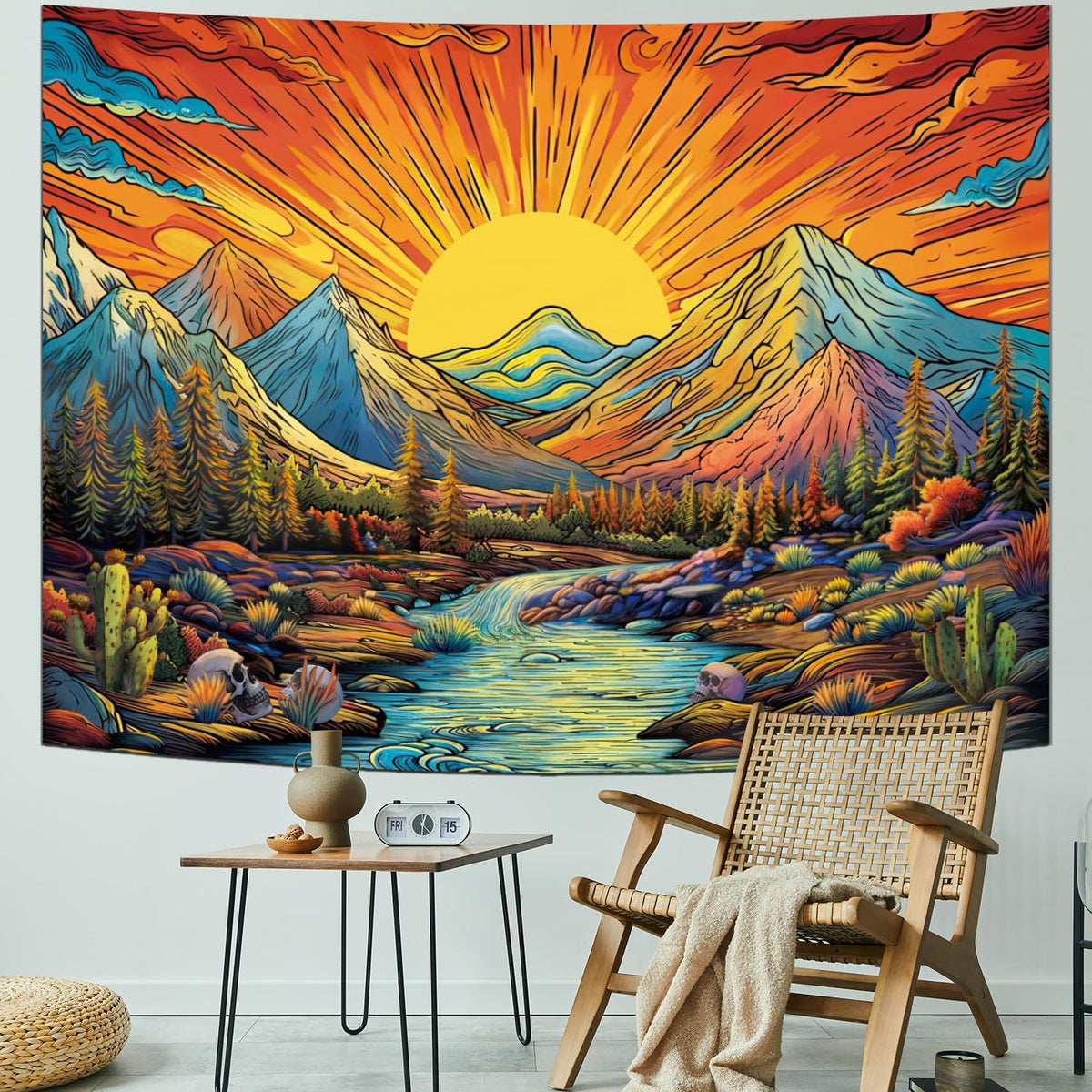 Serborlur Boho Sun Mountain Tapestry Trippy Forest Tree Tapestry Vintage Aesthetic Magic River