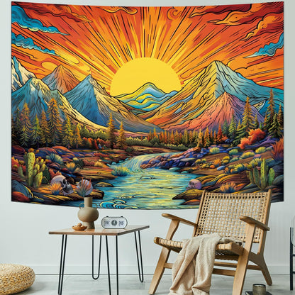 Serborlur Boho Sun Mountain Tapestry Trippy Forest Tree Tapestry Vintage Aesthetic Magic River