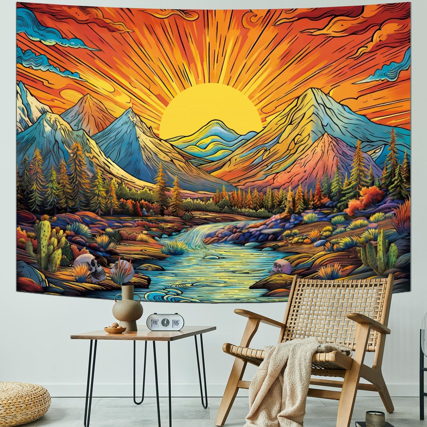 Serborlur Boho Sun Mountain Tapestry Trippy Forest Tree Tapestries Vintage Aesthetic Plant Magical