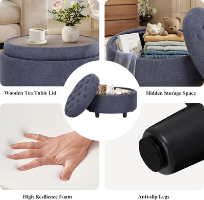 COLAMY Fabric Round Storage Ottoman with Reversible Tray Lid – Multi-Functional Footrest, Hidden