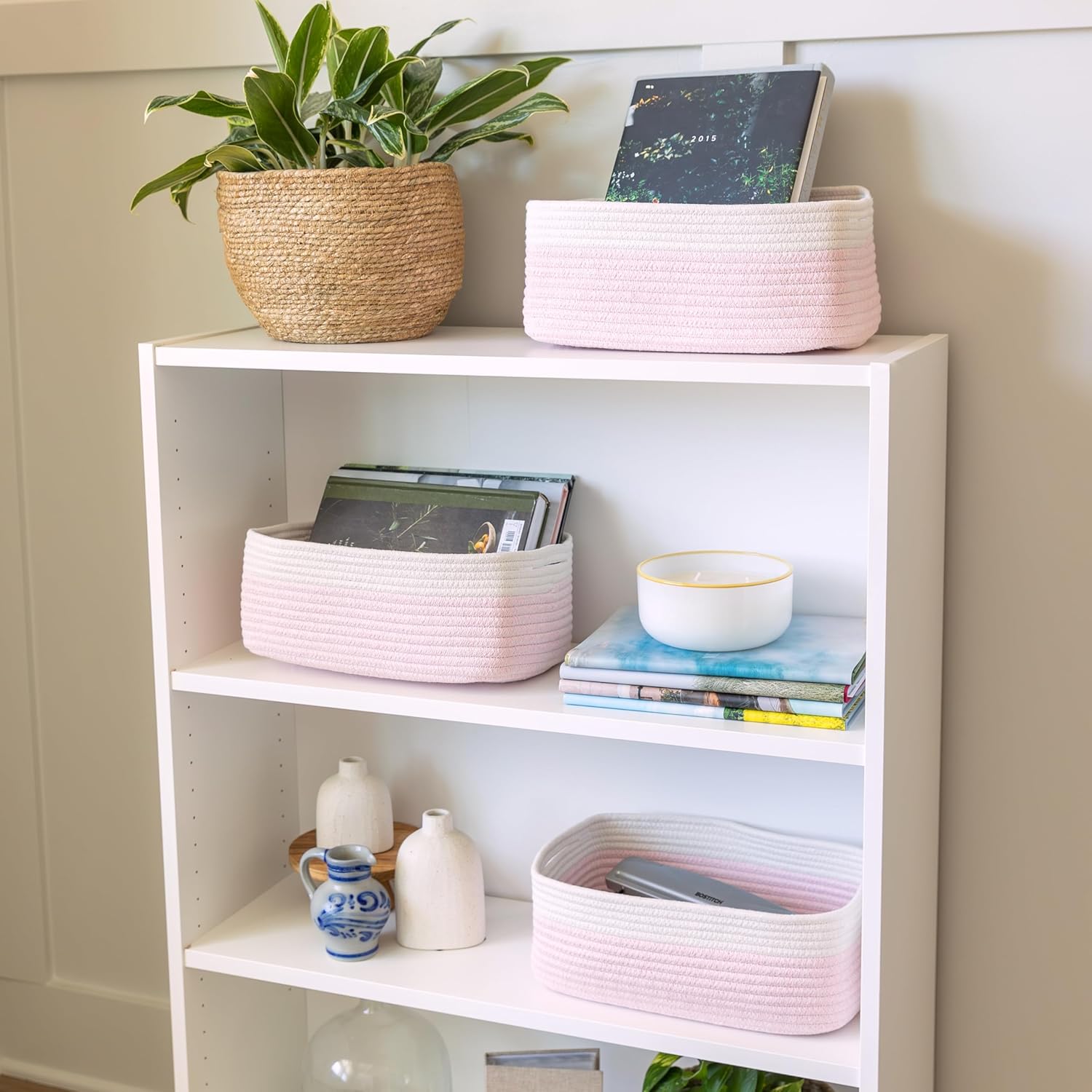 NaturalCozy 13.5”x8.5”x5.5” Rectangle Storage Baskets for Shelves 3 Pack | Cotton Rope Woven Small