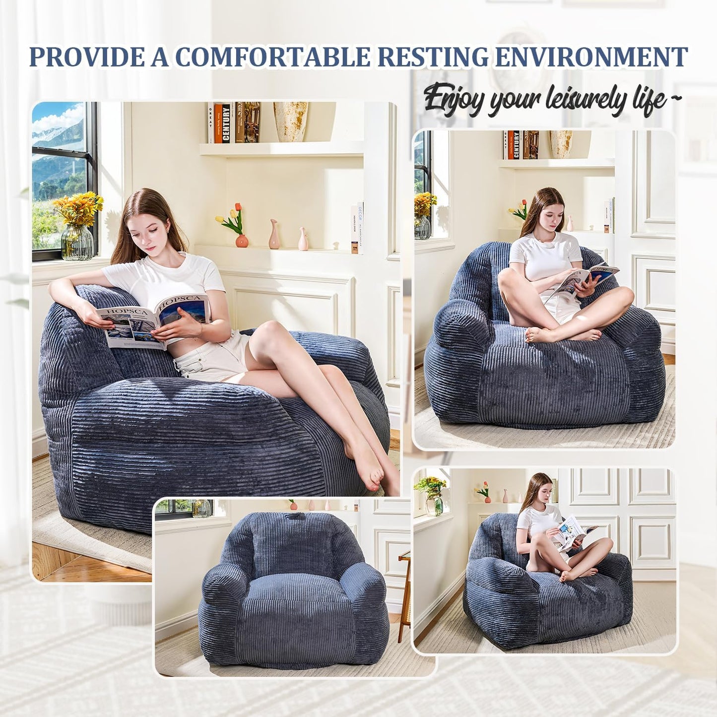 Giant Bean Bag Chair, Faux Fur Bean Bag Chair for Adults, Fluffy and Comfy Bean Bags with Filler