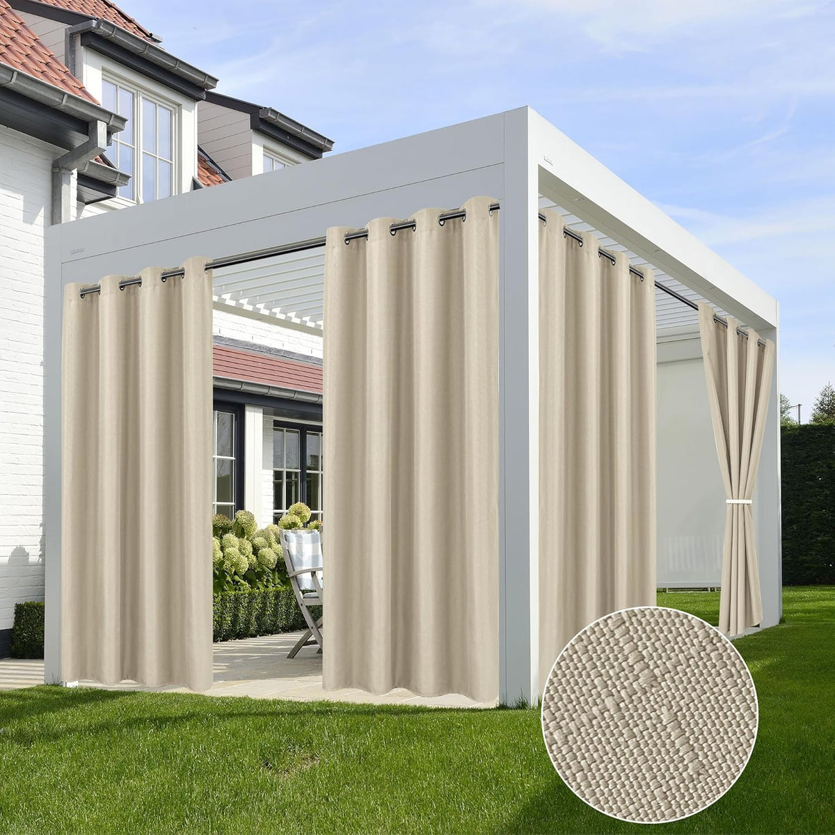HolidayIdeas 4 Panels Outdoor Curtains for Patio Waterproof-Cream Outside Linen Weatherproof