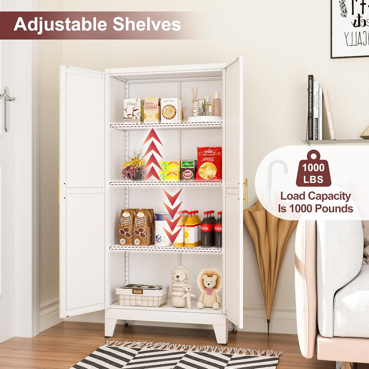 Metal Pantry Cabinet with 2 Doors and Adjustable Shelves, Kitchen Storage cabinets with Gold