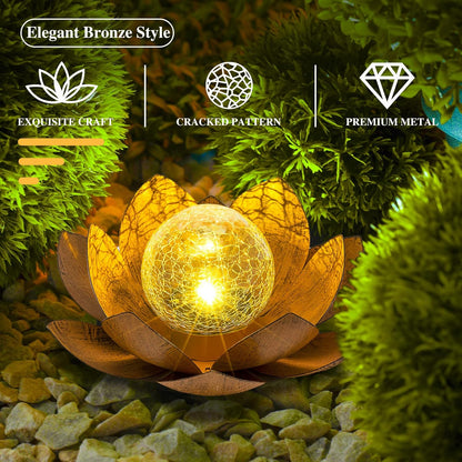 Solar Light Outdoor(2Pack), Art Crackle Globe Glass Lotus Decoration, Solar LED Waterproof Metal