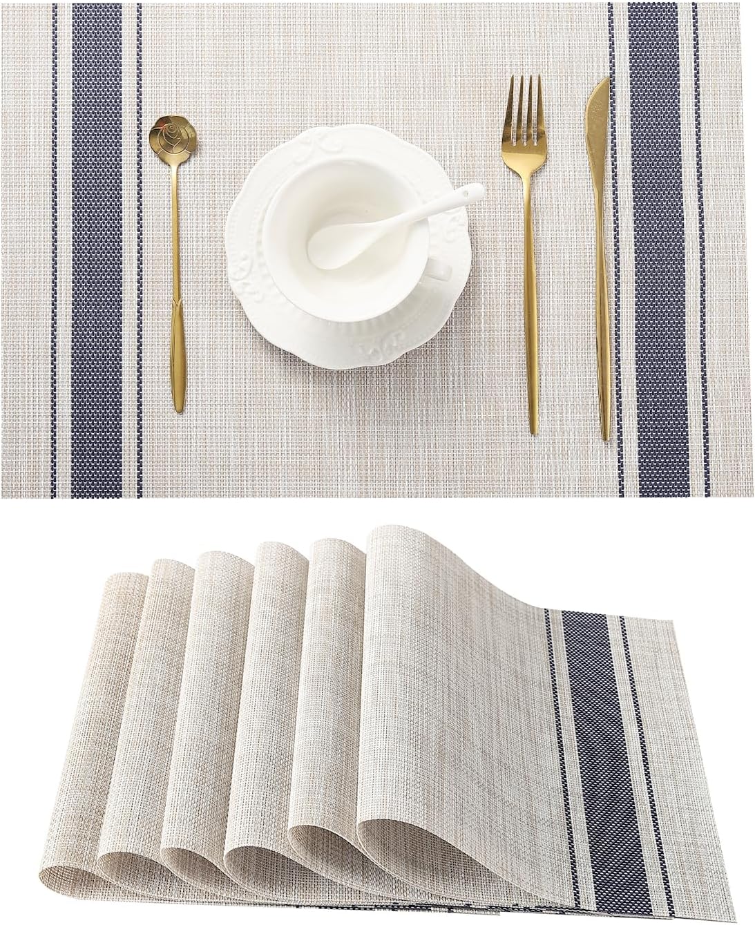 Leetaltree Khaki-Blue Placemats, Heat Resistant Non-Slip Place mats for Dining Table, Washable