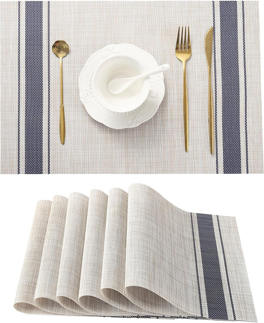 Leetaltree Khaki-Blue Placemats, Heat Resistant Non-Slip Place mats for Dining Table, Washable