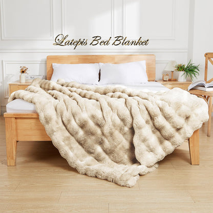 Latepis Soft Luxury Faux Fur Bubble Blanket, Thick Warm Cozy Twin Blankets for Couch, Plush Fluffy