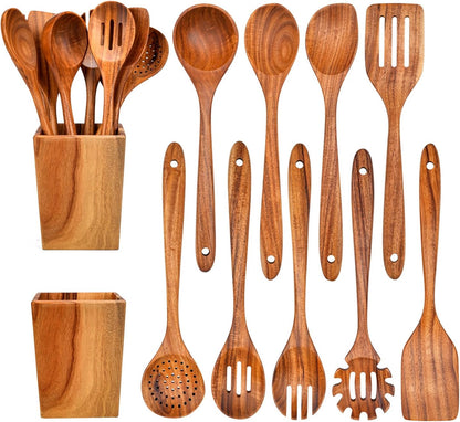 Gudamaye 13 inch Long Wooden Spoons for Cooking, 9 PCS Natural Teak Wooden Kitchen Utensil Set with