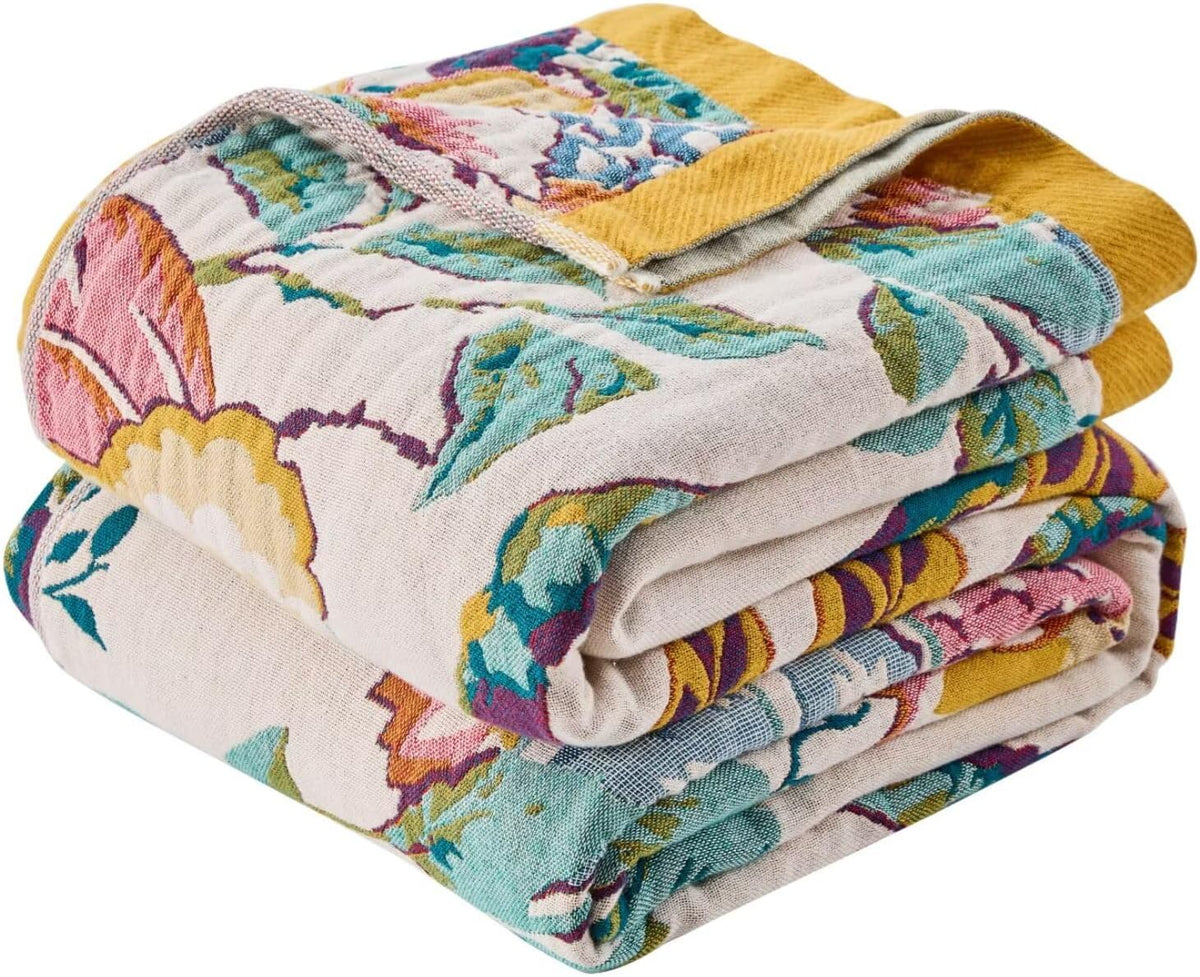 Boho Throw Blanket, Ultra Soft Rustic Quilt for Bed, Lightweight Fall Throws Blanket Muslin
