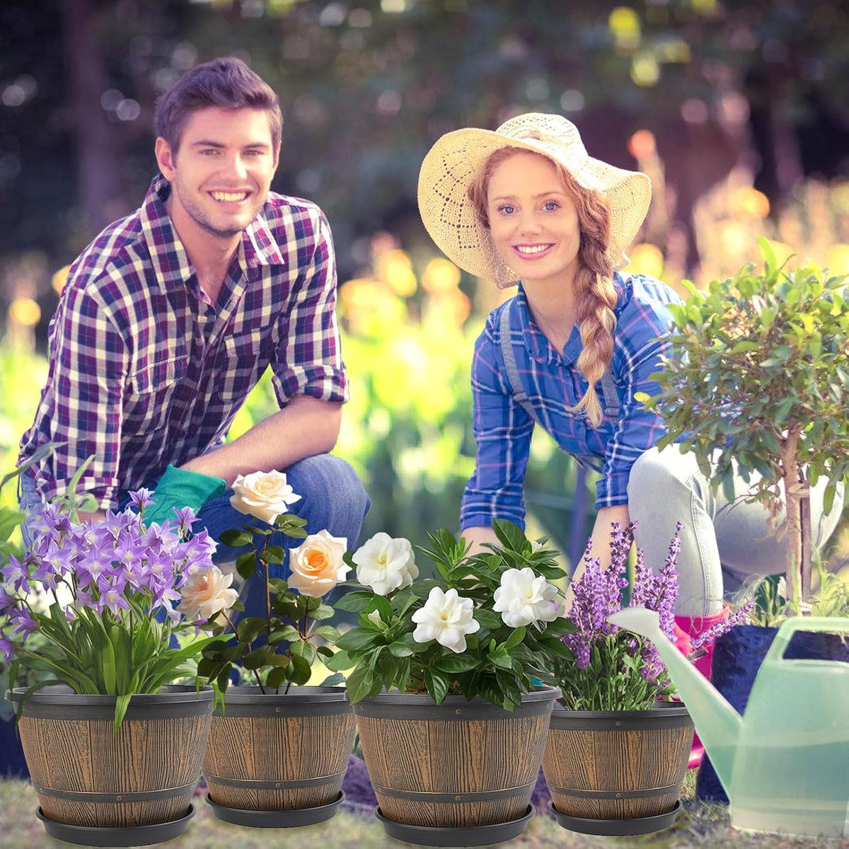 10-inch-Plant-Pots-Indoor-Outdoor, 4 Pack Whiskey Barrel Planters with Drainage Holes & Saucer