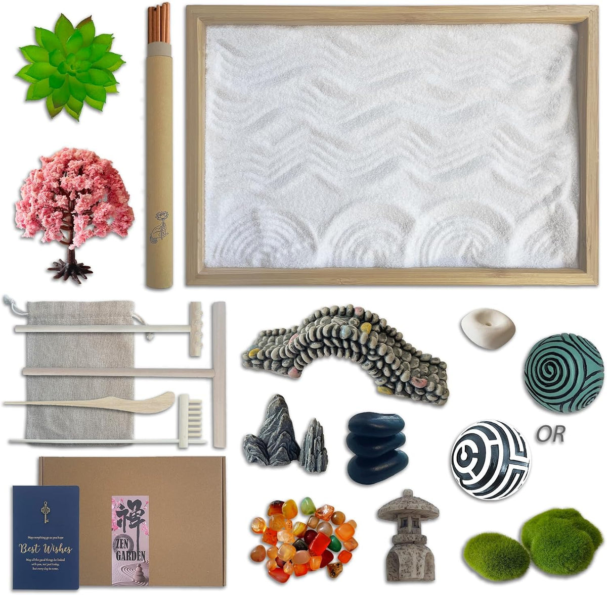 Threeheng Mini Japanese Zen Sand Garden Kit for Desk, Muti-Functional Sand Tray Therapy Kit with