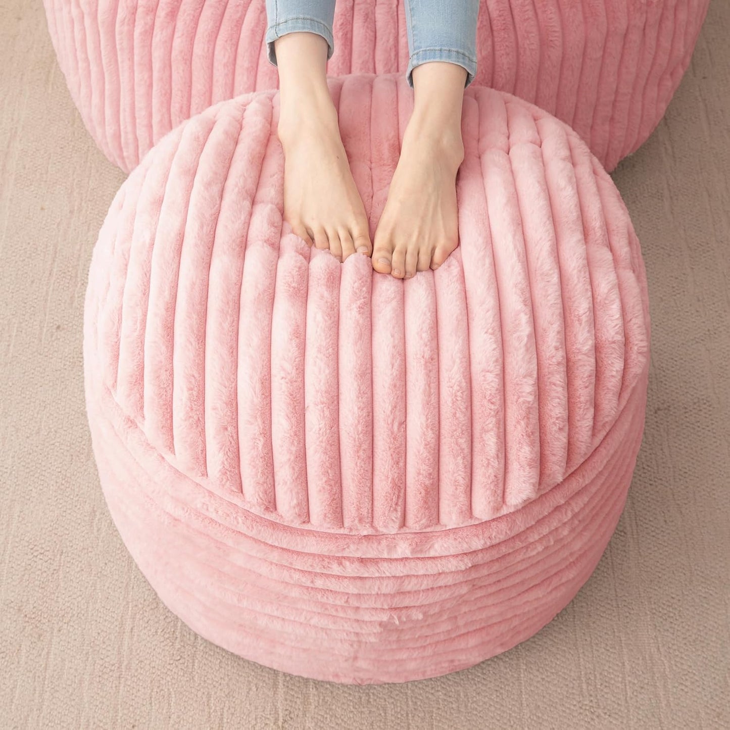 HIGOGOGO Round Stuffed Pouf Ottoman, Stripe Faux Fur Poufs with Foam Chunk Filling, Furry and