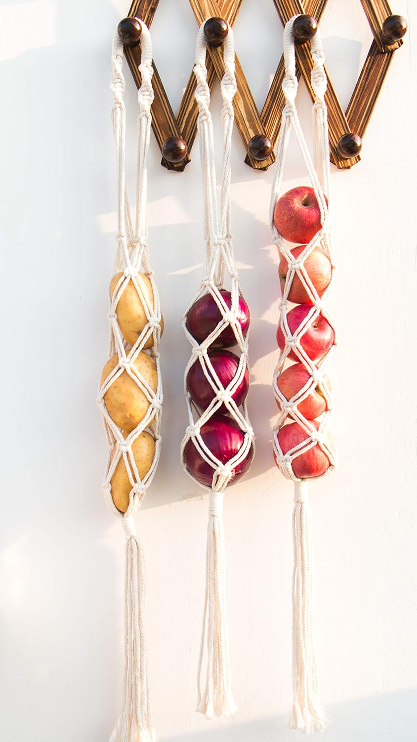 Decocove Hanging Fruit Basket - Boho Basket for Potato, Onion and Fruit Storage - Boho Wall Hanging