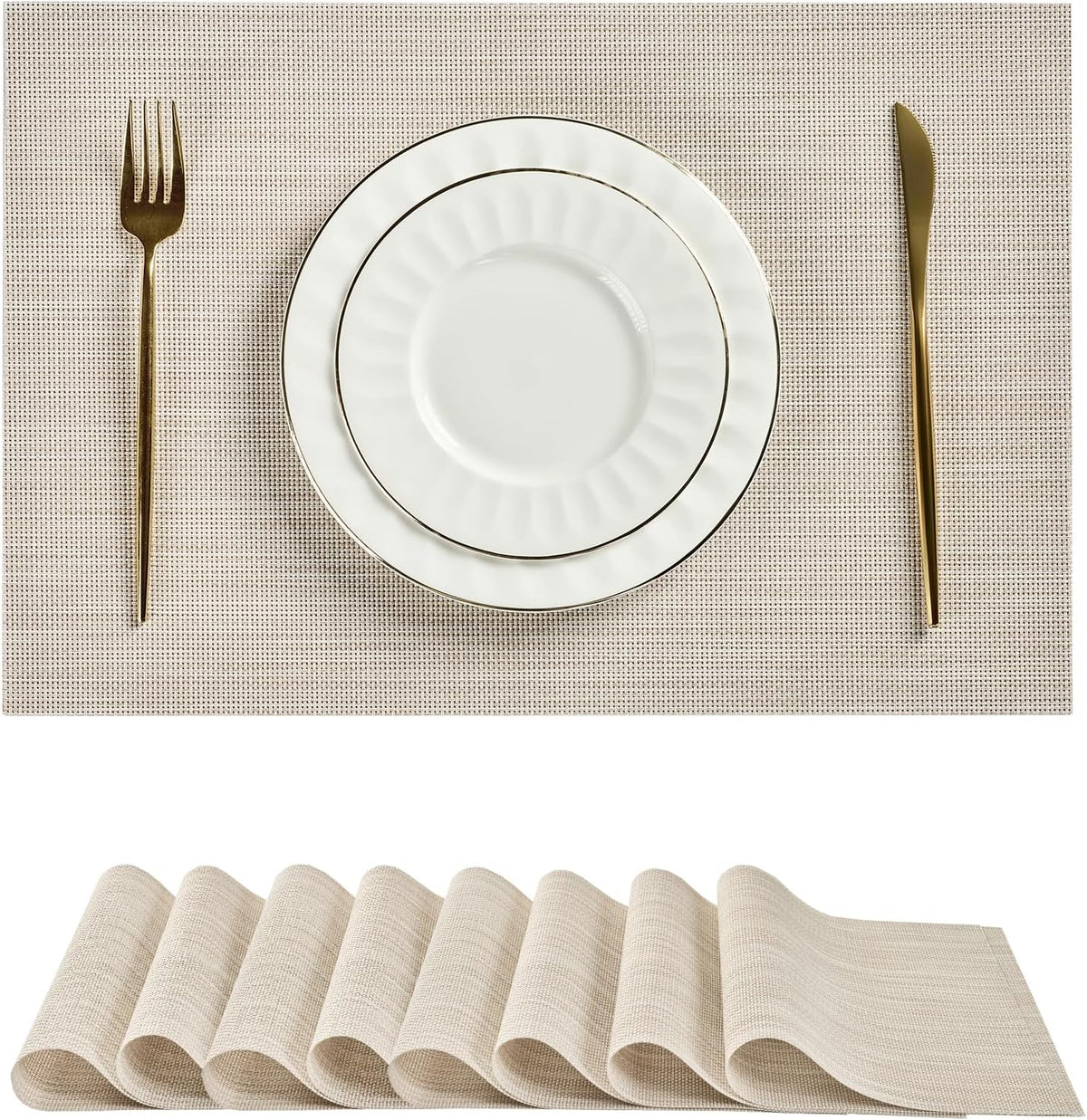 Leetaltree Beige White Placemats Set of 8 - Heat Resistant Non-Slip Place mats for Dining Table