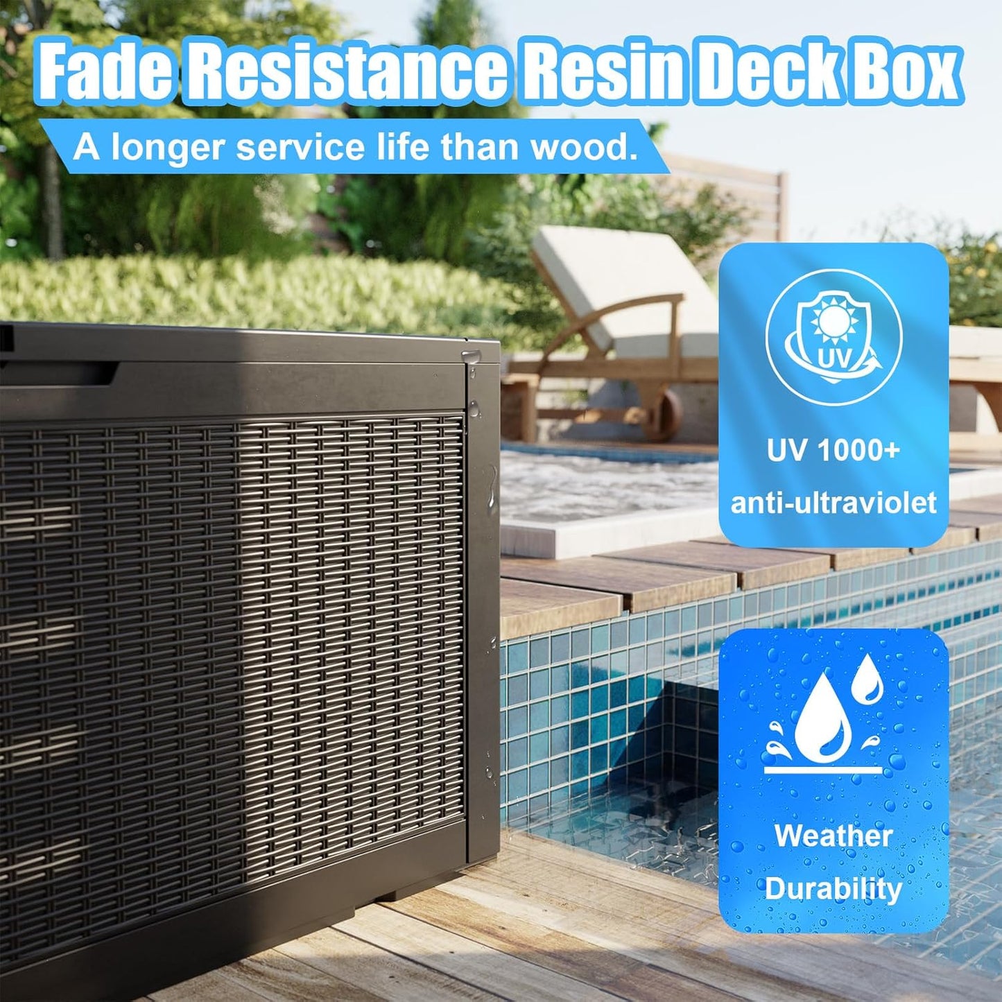 100 Gallon Deck Box,Resin Outdoor Storage Box with Lockable for Patio Furniture, Pool Accessories