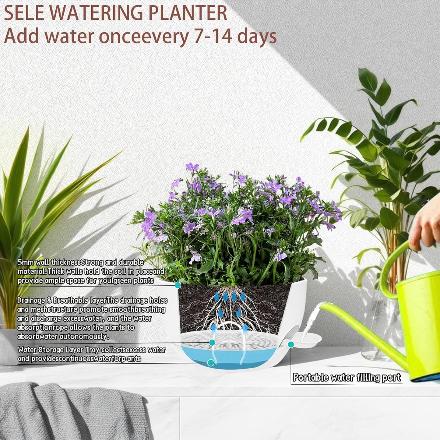 2 Pack 12 Inch Large Hanging Planters with Chains Self Watering White Plastic Hanging Pots for