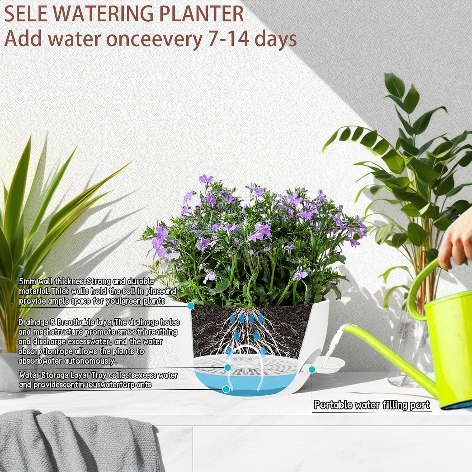 2 Pack 12 Inch Large Hanging Planters with Chains Self Watering White Plastic Hanging Pots for