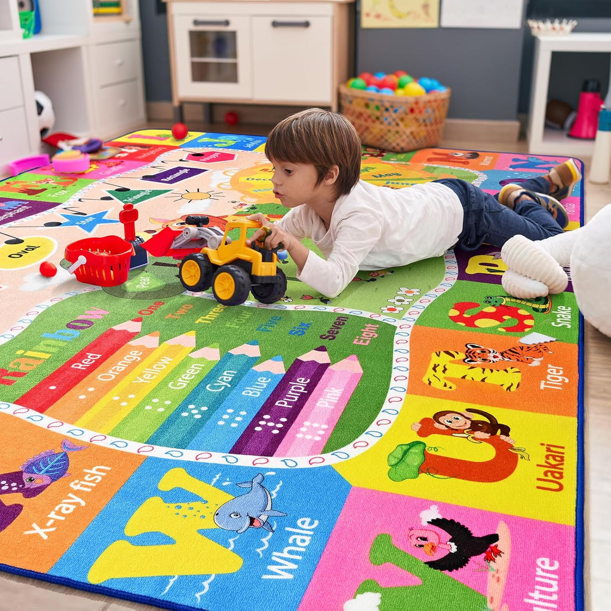 9x12 Washable Area Rug, Educational and Fun Kids Rug for Classroom Playroom Living Room Bedroom