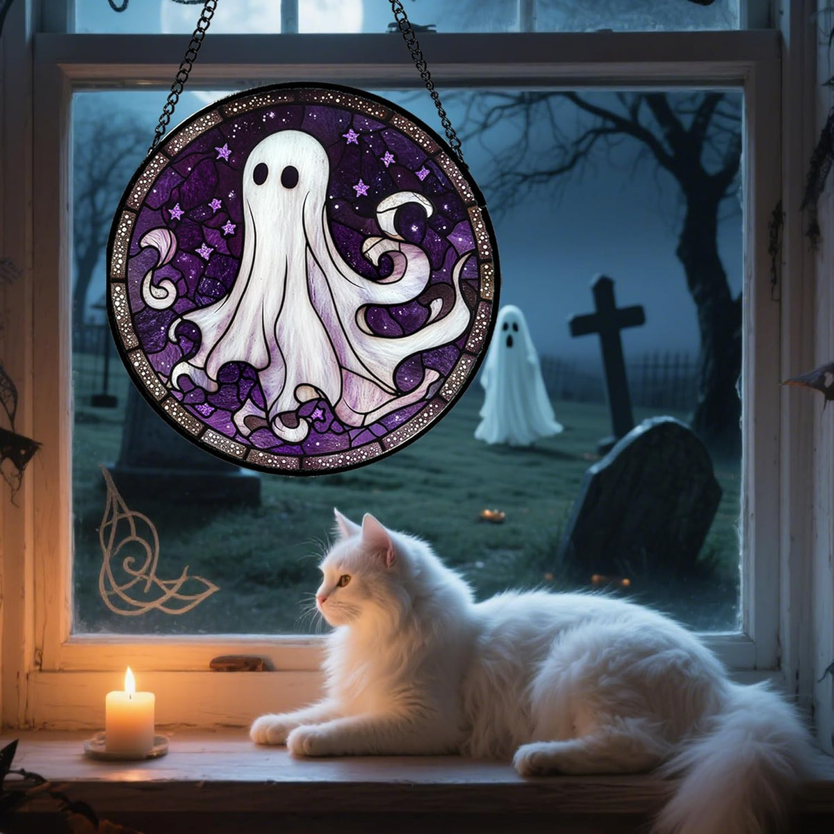 Stained Glass Window Hanging - Halloween Decorations White Ghost Purple Stars Suncatcher for Doors