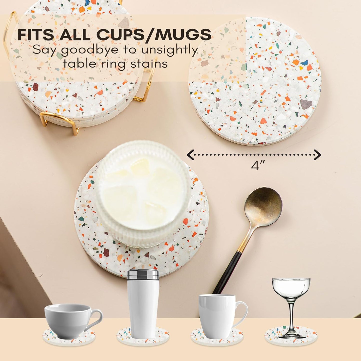 Terrazzo Drink Absorbent Coasters with Holder Set of 6, Ceramic Coaster for Drinks, Coffee Table