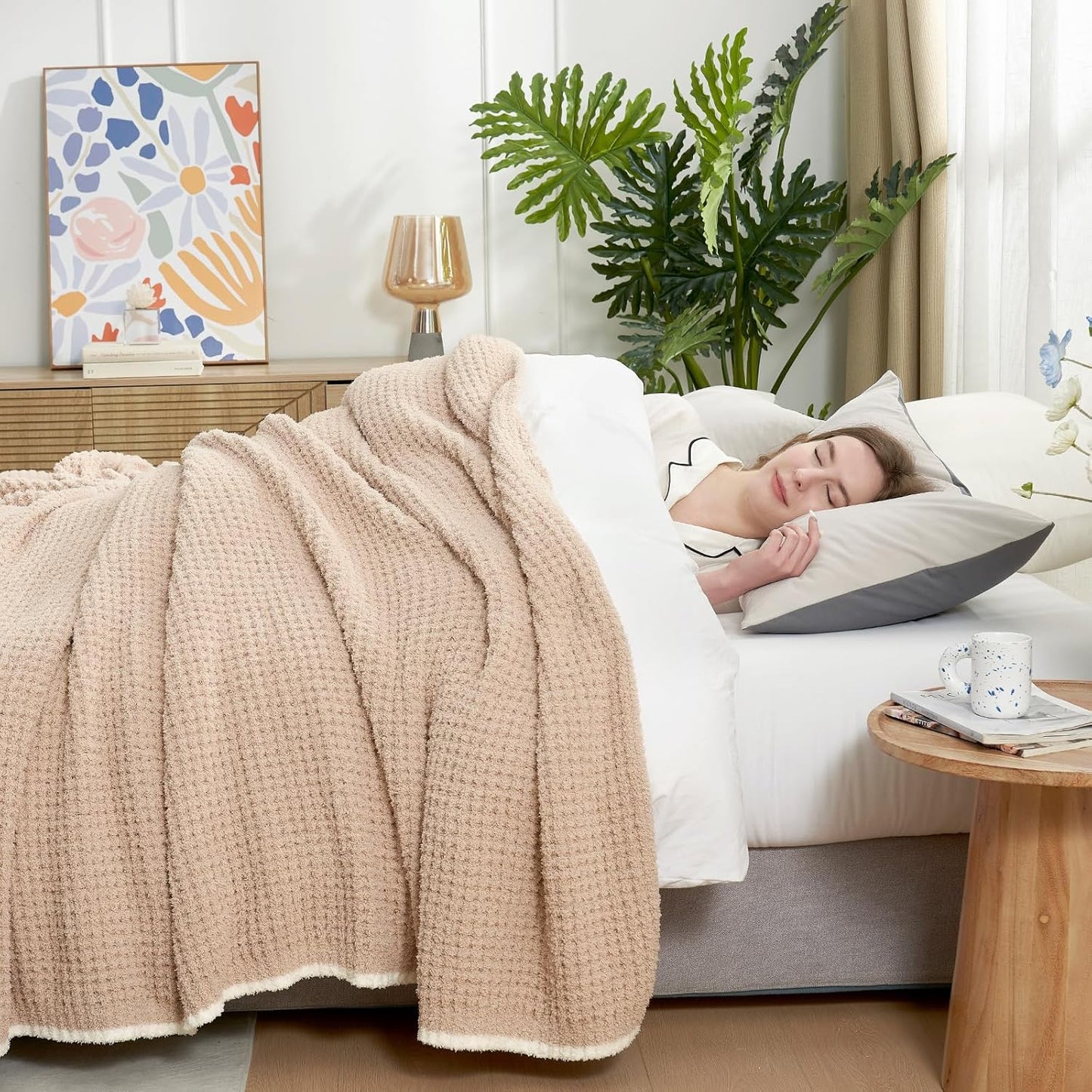 Snuggle Sac Beige Waffle Bedding Blankets Queen Size 90x90 inches, Reversible Microfiber Fluffy