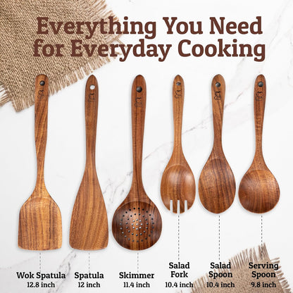 PriorityChef Premium Wooden Spoons for Cooking - 6pc Smooth Finish Teak Wooden Utensil Set with