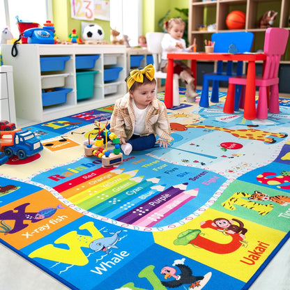 Kids Rugs for Playroom Washable, Educational and Fun Learning Rugs with ABC Alphabet Animals