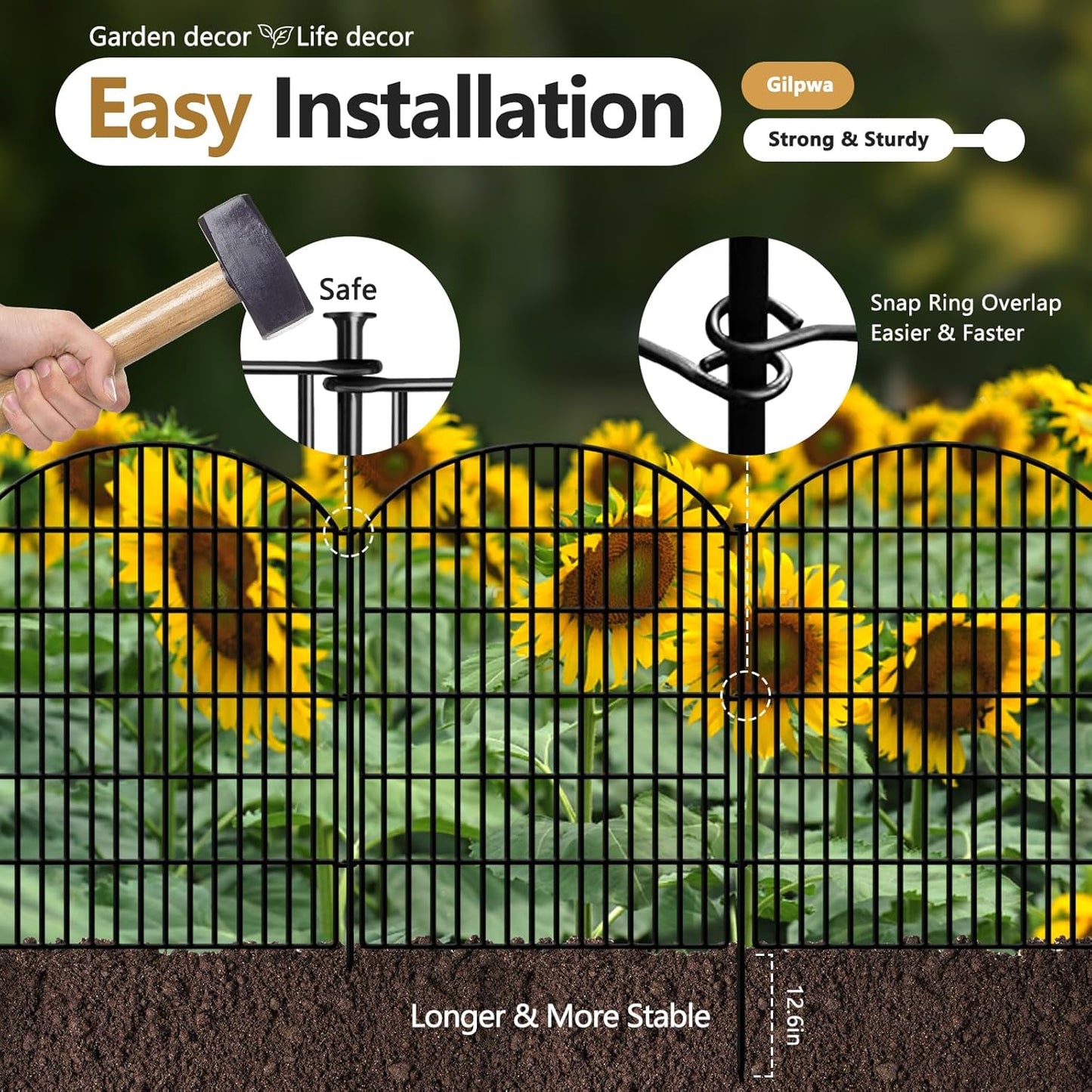 5 Panels Decorative Garden Fence 33in (H) x 11.15ft (L), Rustproof Metal No Dig Fencing Animal