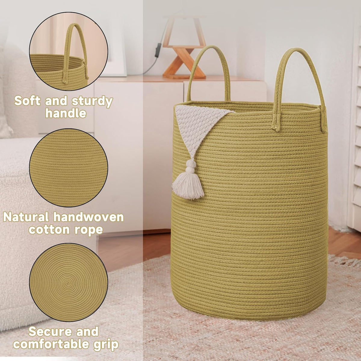 Large Woven Laundry Basket Hamper,100L Cotton Rope Storage Bin for Blankets,Toys and
