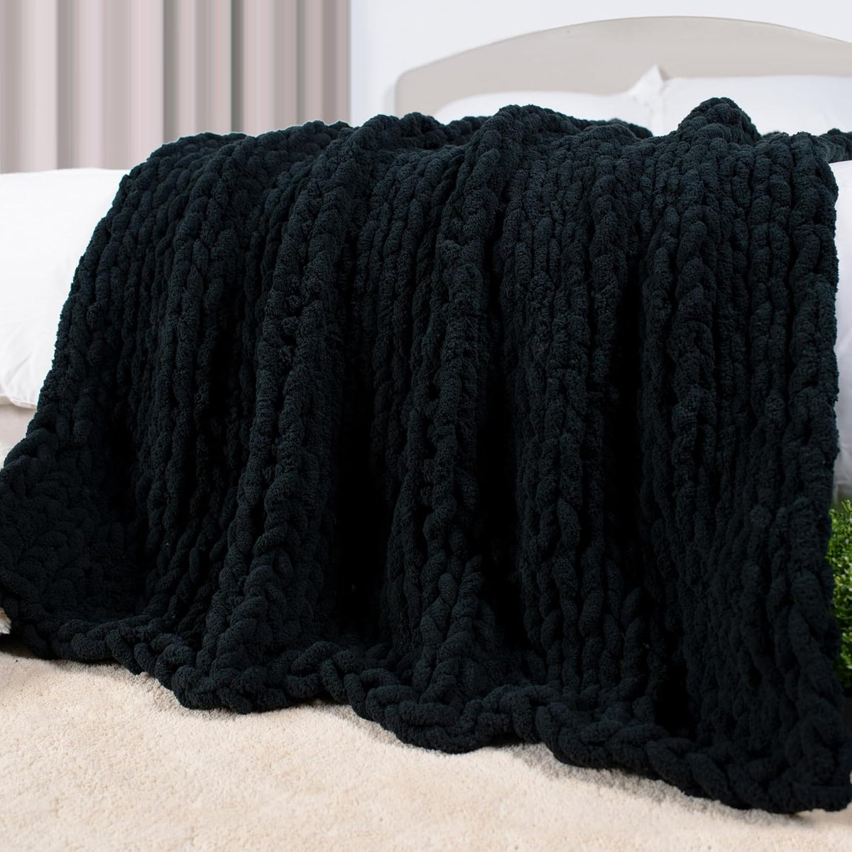 Carriediosa Chunky Knit Throw Blanket 60" X 80" Twin, 100% Hand Made Large Chenille Loop Yarn Soft