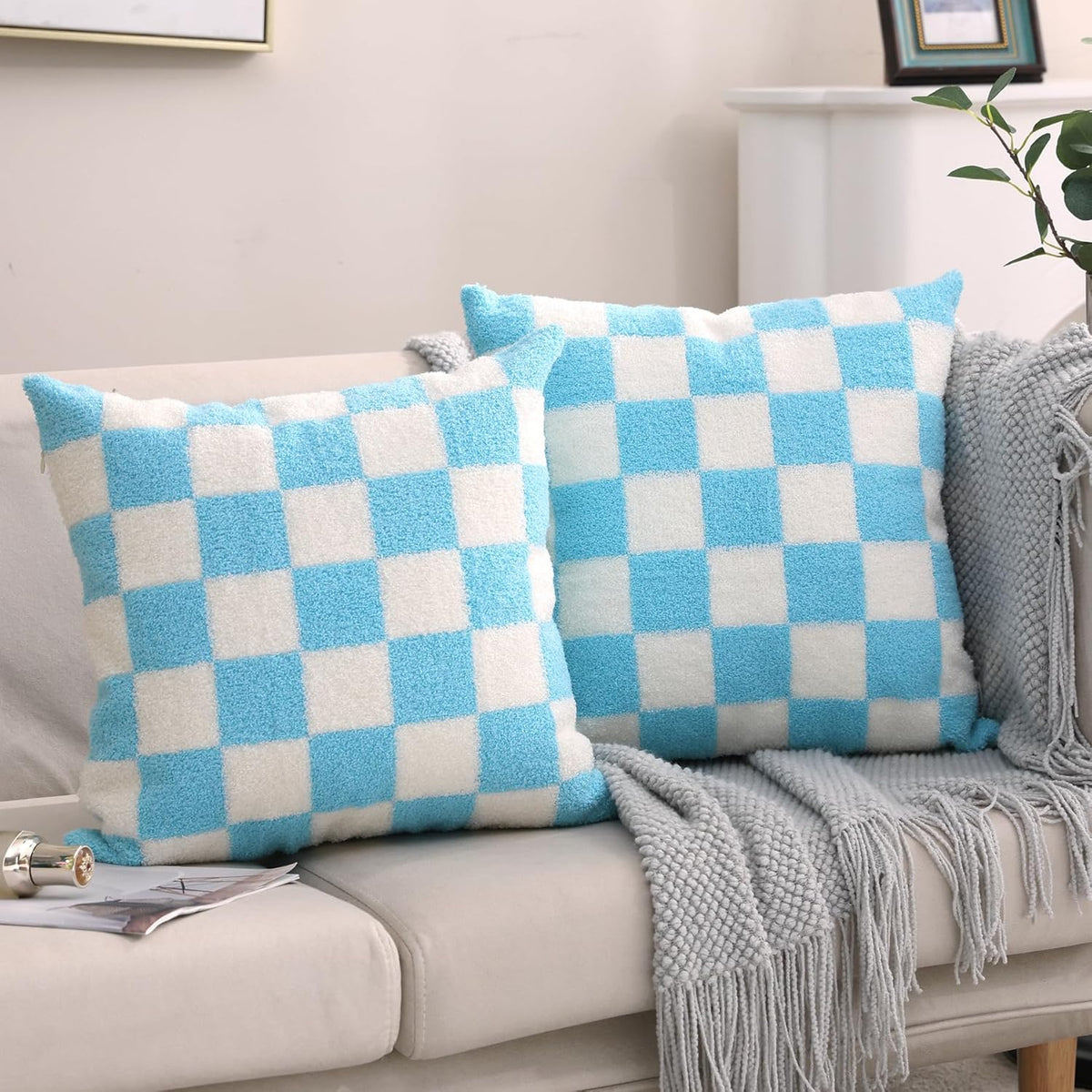 Alysheer Checkered Embroidered Decorative Throw Pillow Covers 18"x 18" Set of 2, Classic Accent